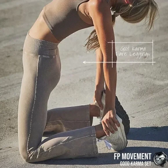 FP MOVEMENT GOOD KARMA SET: CROP TANK BRA + FLARE LEGGINGS IN MUSHROOM & GREEN - Picture 11 of 15